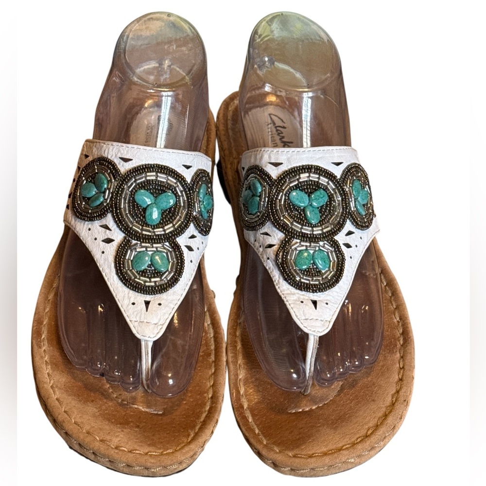 Clarks Artisan white leather beaded thong sandals, featuring turquoise